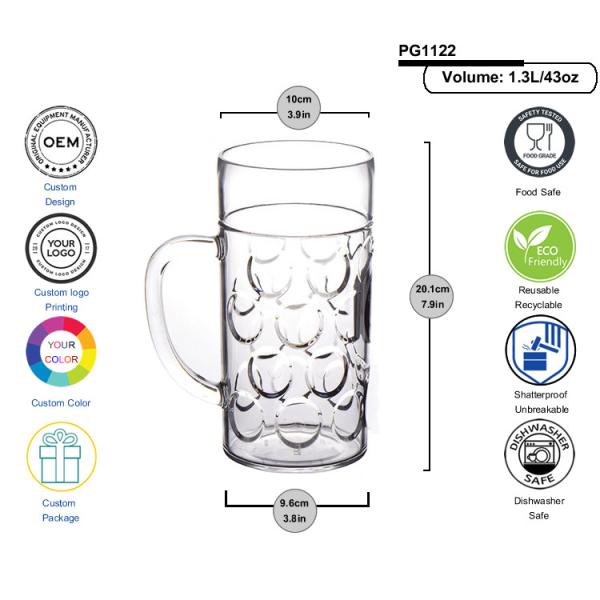 43oz Large Plastic Beer Glass 2 Pints Plastic Beer Stein Shatterproof