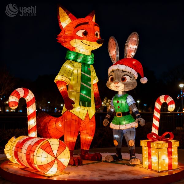 Custom Cartoon Fox & Rabbit Christmas LED Lantern Set, Character Light Sculptures for Christmas Theme Park Exhibition
