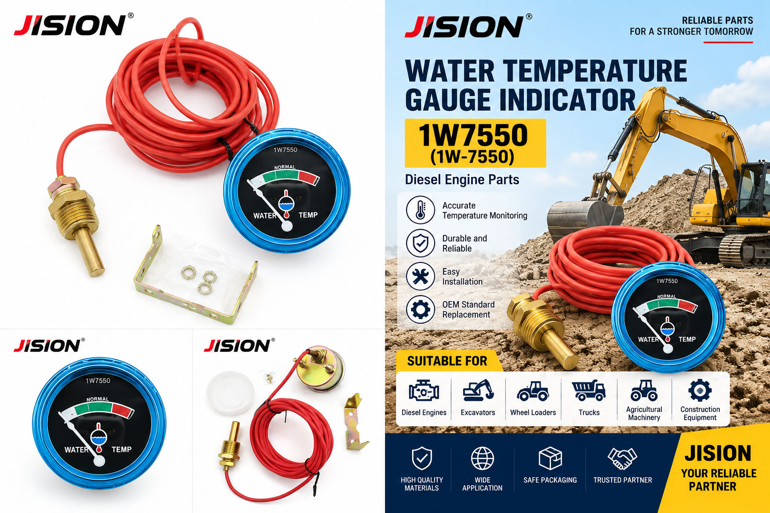 1W7550 1W-7550 Diesel Engine Water Temperature Gauge Indicator with Sending Unit