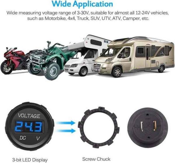 Voltmètre numérique étanche DC 12V 24V, voltmètre de batterie de voiture avec affichage numérique LED pour voiture, camion, camping-car, VTT, bateau, marine