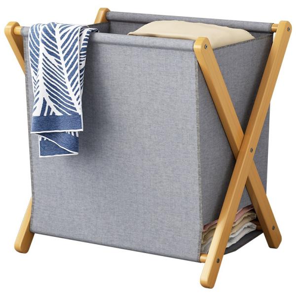 Bathroom Standing Type Collapsible Laundry Basket with Removable Bag Wood Dirty Clothes Storage Organizer X Frame Hamper