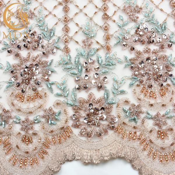 Gold Shiny Sequin Lace Fabric Tulle Embroidery Water Soluble For Evening Dress