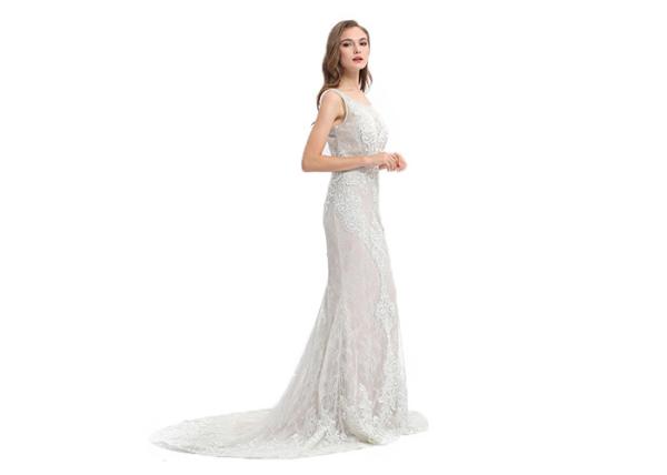 Simple Design Lace Fabric European Style Evening Dresses White Color With Sash