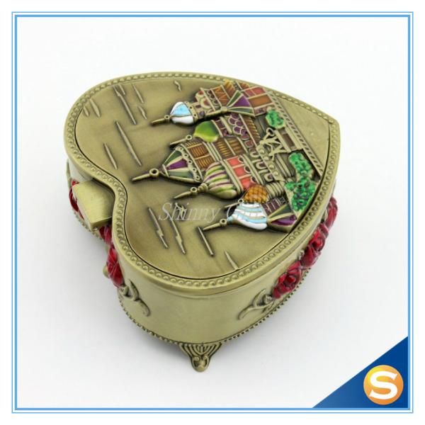 Castle Desgin Antique Brass Metal Heart Shape Jewelry Box