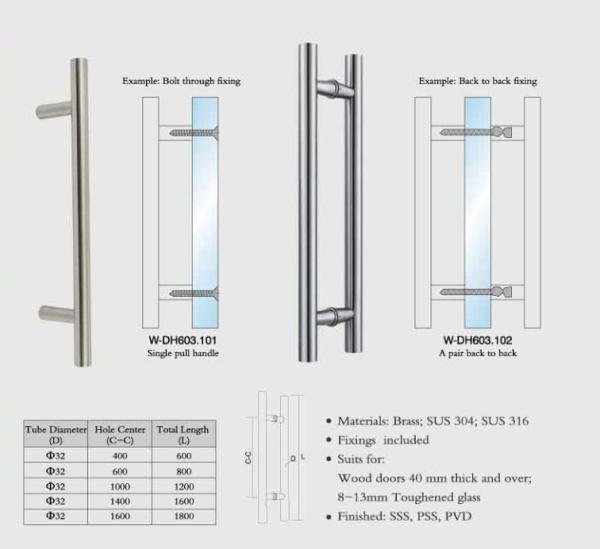 wooden door handles Stainless Steel entry door handles set Dia. 32mm tub H design W-DH603 glass door  handle
