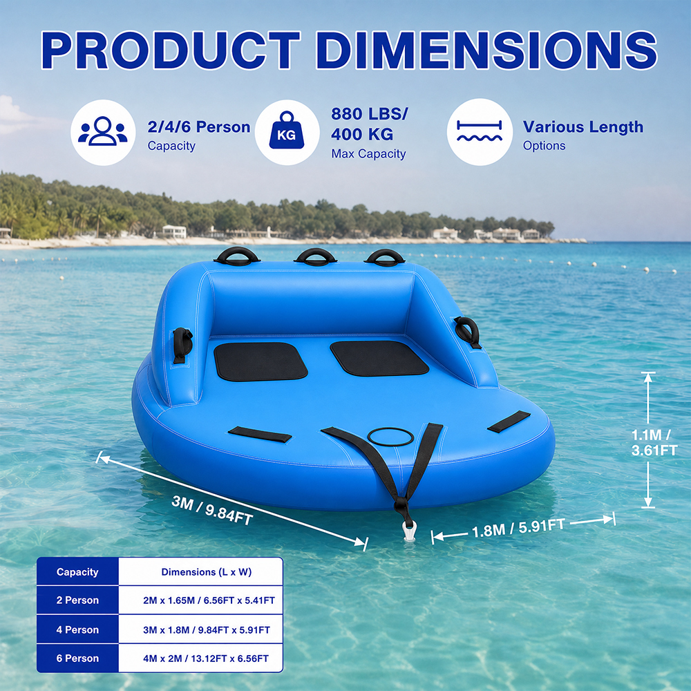 Commercial Inflatable Towable Tube with Backrest for 2-6 Riders, Boat Towing, Resort Rental, Lake and Water Sports