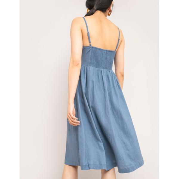 Summer chambray midi linen dress with a fit & flare silhouette and a button up front