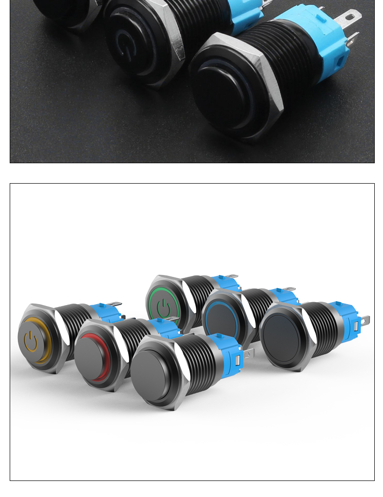 16mm Oxidized Black Shell Metal Push Button Switch Latching/Momentary 1NO1NC With LED Lights 5Pins High/Flat Head Red Green