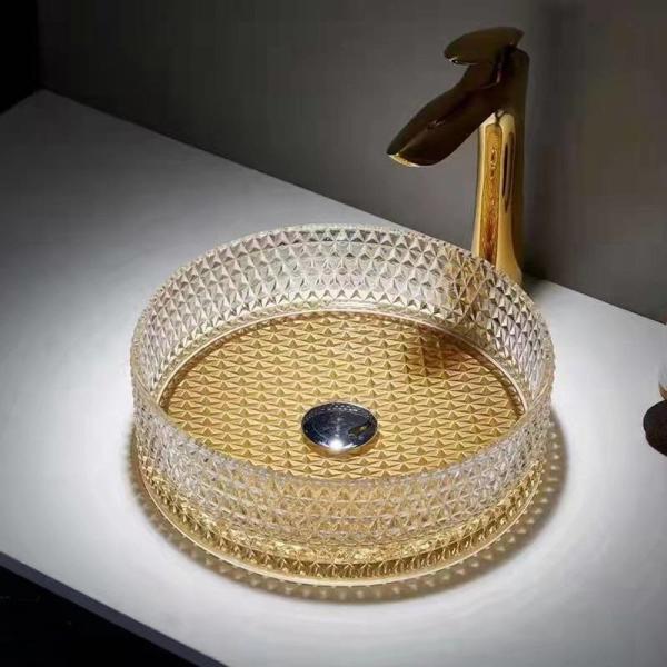 360mm Glass Vessel Basins Brush Gold Bottom Hotel Clear Glass Sink Bowl