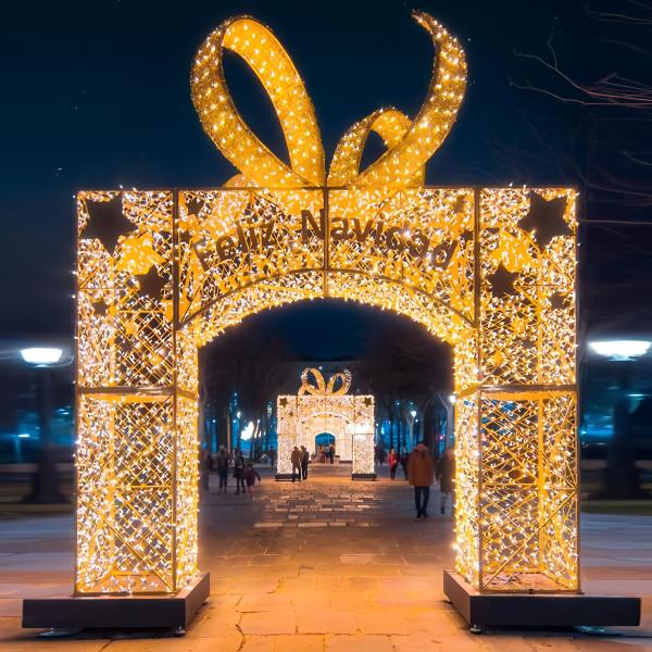 LED Gift Bow Light Arch, Large Outdoor Christmas Light Tunnel, Waterproof Commercial Festival Light Decoration for Shopping Mall Park