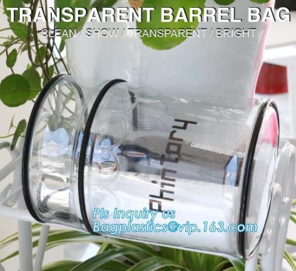 ZIP BARREL BAG, Cosmetic bag PVC in cylinder shape, Cylinder Round Folable See-through Travel PVC Makeup Case, cylinder