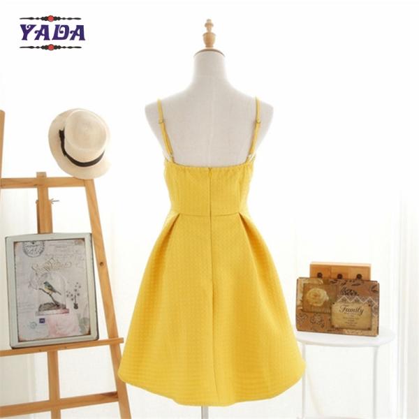 El estilo coreano verano amarillo espagueti corta sombrilla señoras vestido elegante algodón vestidos de mujeres a bajo precio