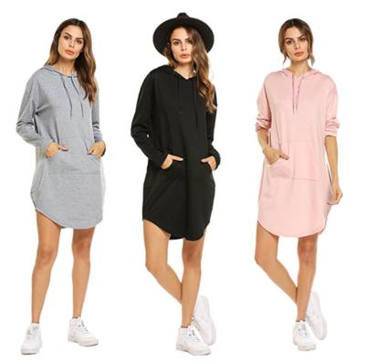 Stylish Plus Size Ladies Shirts String Kangaroo Pocket Long Fleece Dress With Hood
