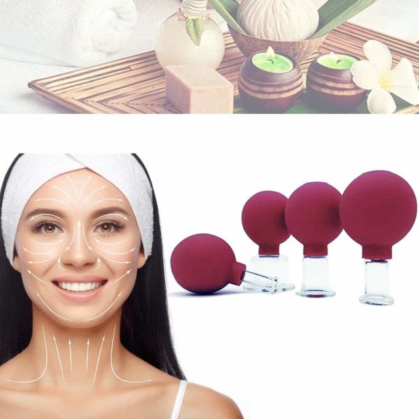 Os copos de borracha vermelhos do corpo da massagem da oxidação limpam vidros ajustados colocando enfrentam o corpo que de levantamento da pele os copos faciais limpam colocar
