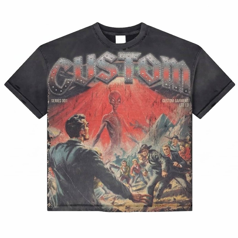 Custom Acid Wash Rhinestone Graphic Print Overisize Short Tshirt 