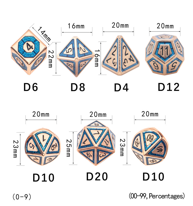 Customizable Logo Zinc Alloy Metal Dice Set 14-20mm Size 7-Piece Polyhedral Dice for RPG Games