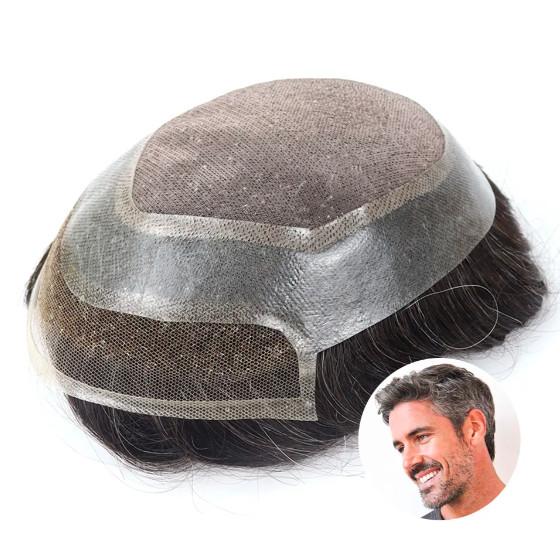 Mens Toupee Hairpiece Fine Mono Hair System Replacement Poly Skin Around with lace front Men Wig