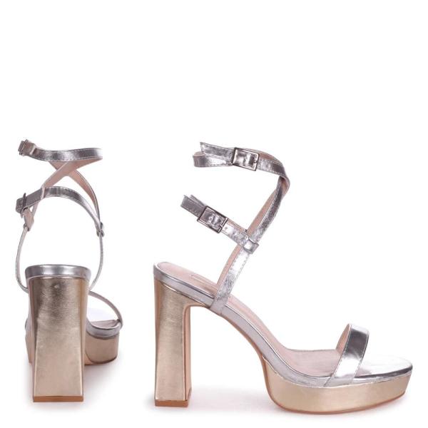 High Heel 120mm Ladies Block Heel Sandals Silver Toned Mirrored Leather