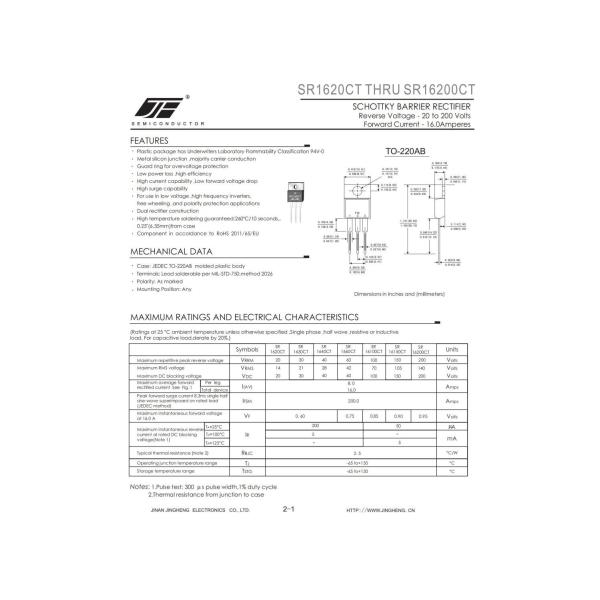 Silicon TO-220AB Package SR1640CT/SR1660CT/SR16100CT/SR16150CT/SR16200CT Schottky Diode