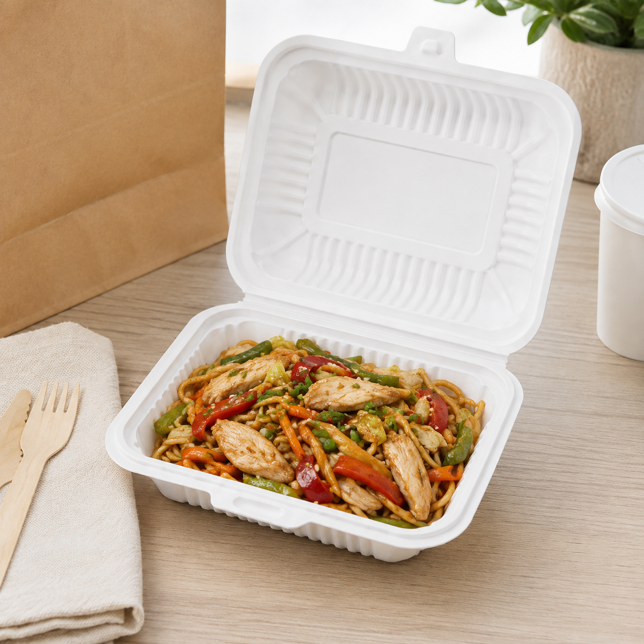 White PP Clamshell Takeout Containers 600ml for Restaurant Meals / Food Delivery