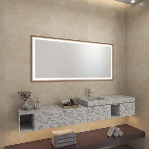 Barre lumineuse LED miroir mural avec antibuée, intensité variable et longueur personnalisée pour les hôtels haut de gamme et les salles de bains contemporaines.