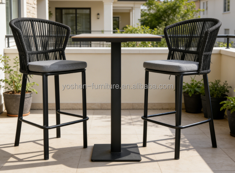 Outdoor Courtyard Rope-woven High-legged Bar Stool, with Backrest, Waterproof and Sun-resistant
