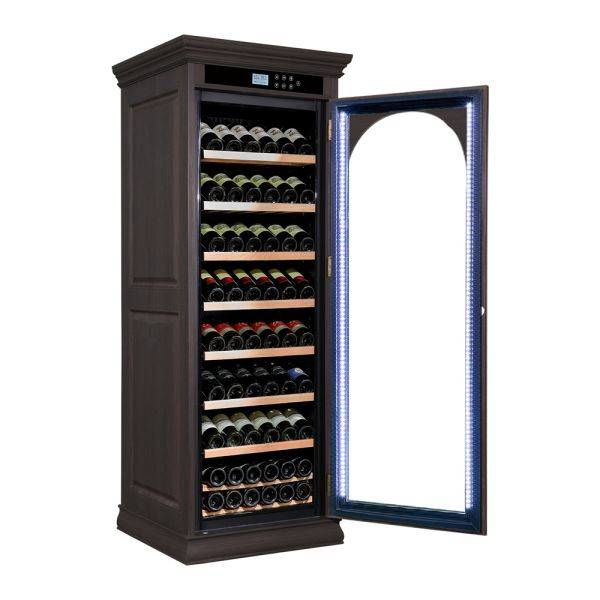 Dark Brown Solid Wood Freestanding Wine Cooler Cabinet with Arched Glass Door and Digital Control Panel