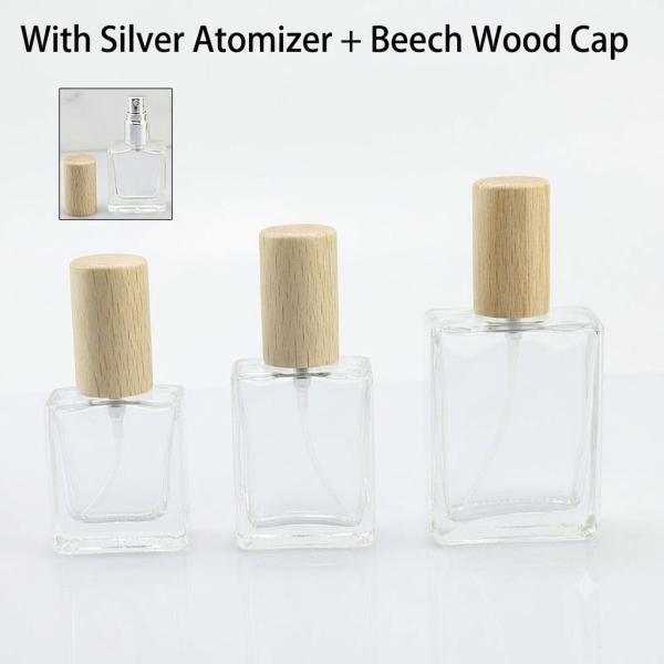 Wholesale Flat Square Glass Perfume Atomizer Bottles | 10ml, 15ml, 30ml Empty Refillable Spray Bottles with Metallic Aluminum& Wooden Caps