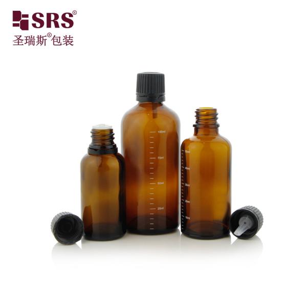 G001-2 Bouteille en verre en forme de moule ronde d'ambre avec bouchon à vis anti-altération, prise en plastique pour emballage de récipients d'huiles essentielles