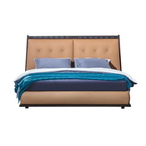 Oak wood King size Bed with Cow Leather upholstered headboard for Villa interior Bedroom furniture set and Nightstand