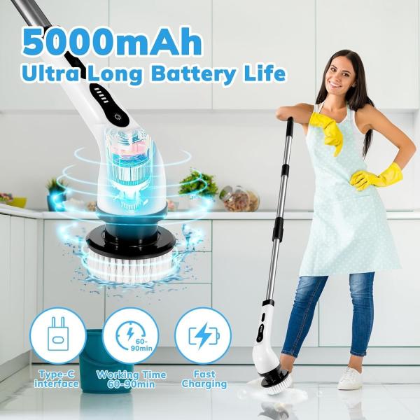 Electric Cleaning Brush 7 Replaceable Brush Heads Adjustable Handle Cordless Spin Scrubber