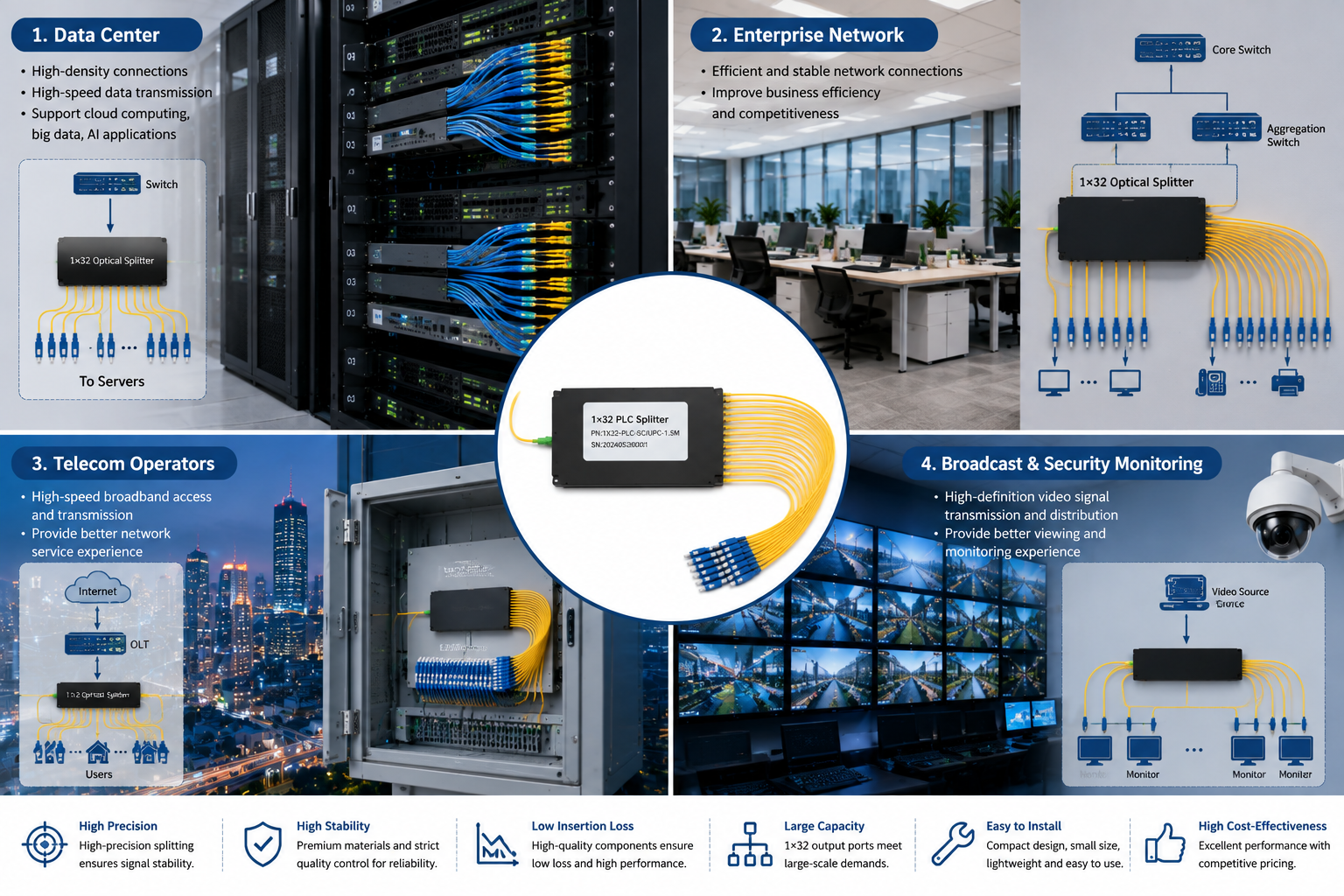 1x32 optical splitter，1x32 Passive Optical Splitter Fiber Optic Distribution Device 1 Input 32 Output Low Loss for Telecom Operator PON Access Network
