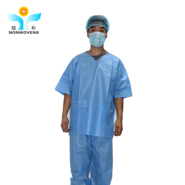 Medical Blue 40gsm XL Disposable Protective Suits Scrub V Shape And Short Sleeve
