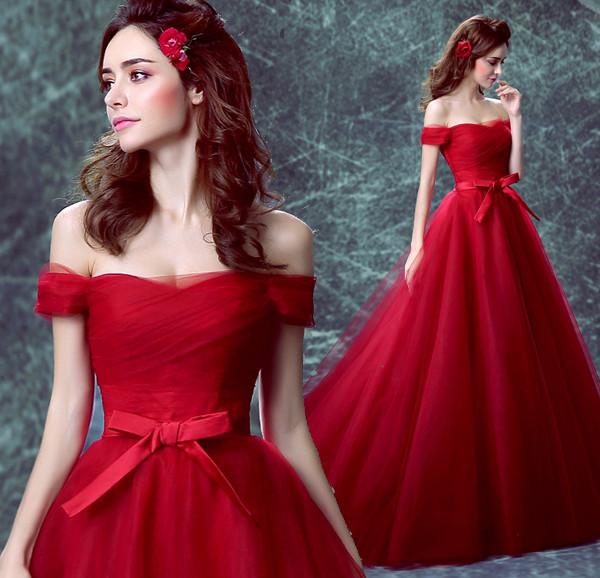Off The Shoulder Red Crepe Boat Neck Gorgeous Small Train Evening Dress TSJY132
