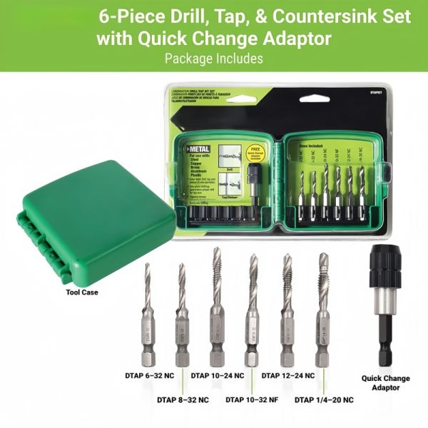6-Piece SAE Combination Drill Tap Bit Set | High Speed Steel M2 Deburr Countersink Bit | One-Step Power Tool Accessories