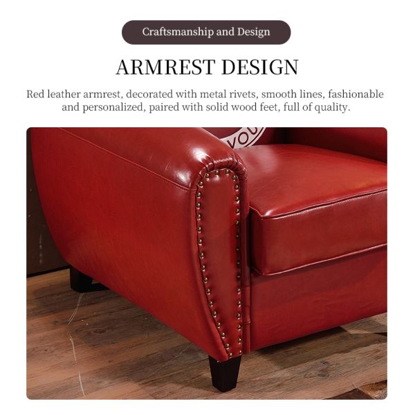 Nidea #8956-1 American Retro Handmade Armchair Sofa with Genuine Leather Seat Antique High Back Design for Living Room Bedroom Hotel Cafe Bar