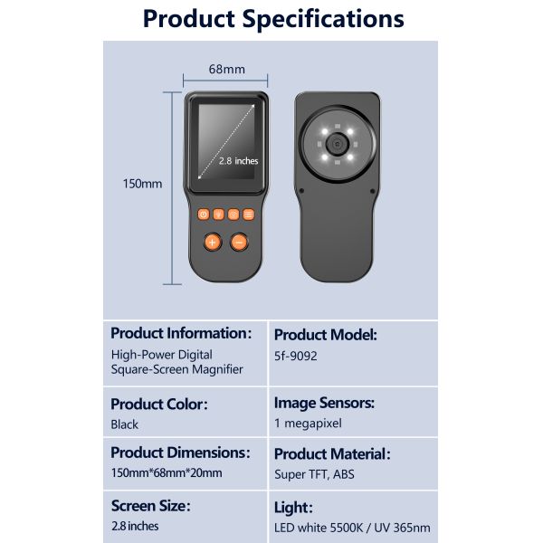 High-Power Handheld Pocket LED Digital Square Screen Magnifier