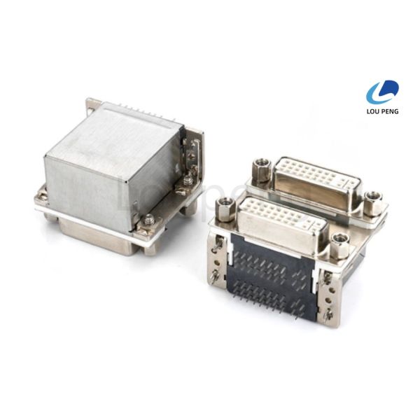 24+5PIN Double-deck DVI Connector female white, with shielded housing, secured with 4.8mm screws, 90 Degree