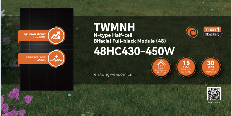 Discount Price  410w 430w 450w Solar Panel TW Solar Panel Full-black Bifacial TWMNH 48HC430-450W N-type Half-cell Solar Panels