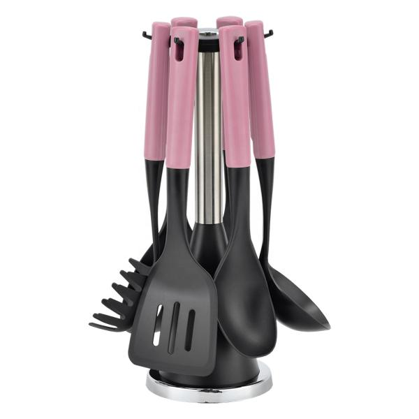 7-Piece Plastic Kitchen Utensils Set with Colorful Handle ABS and Wooden Effect Material