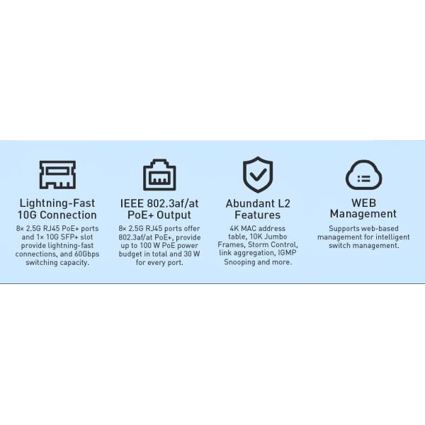 8-портовый 2.5G бесканатный световой управляемый рабочий стол PoE переключатель с 1 * 10G SFP Uplink OEM / ODM