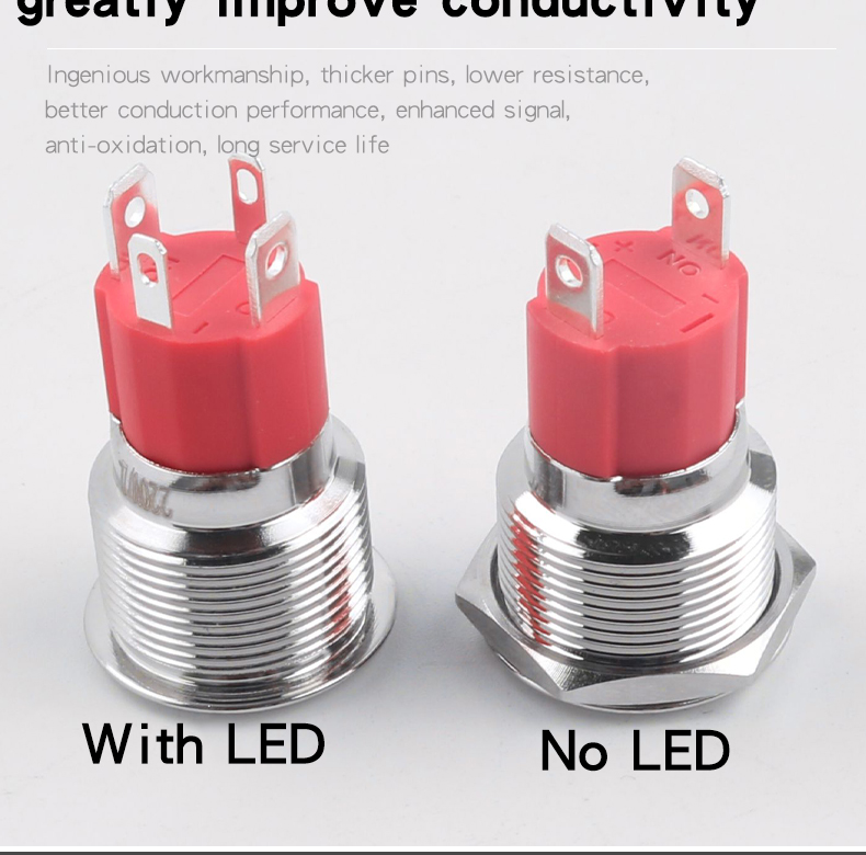 19mm Metal Push Button Switch 10A High Current Latching Momentary LED 1NO 4Pins Flat Head High Head Switch IP65 Max Voltage 220V