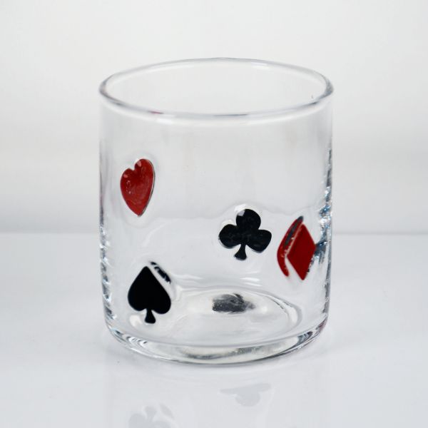 Hand Blown Poker Icon Whiskey Glass, 400ml Clear Tumbler With Heart, Spade, Club & Diamond Suits, Old Fashioned Glass For Whiskey, Cocktails, Juice