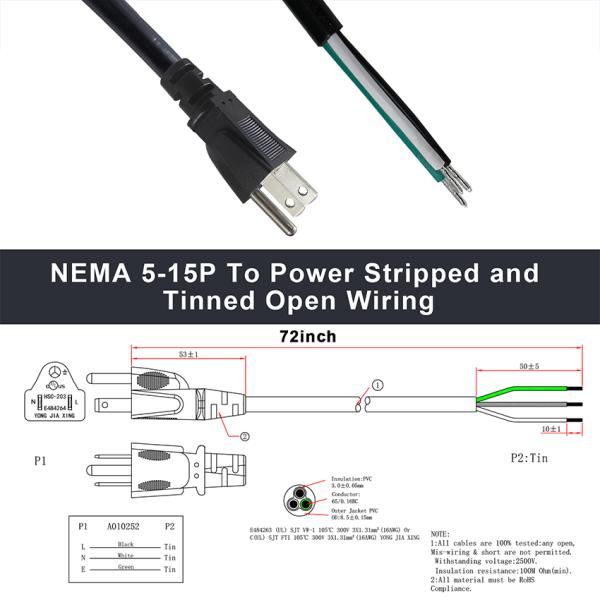 NEMA 5-15P Cordón de alimentación con alambre de barra de lata 3 conductores US cable de enchufe para cableado DIY, panel, uso de bloques terminales