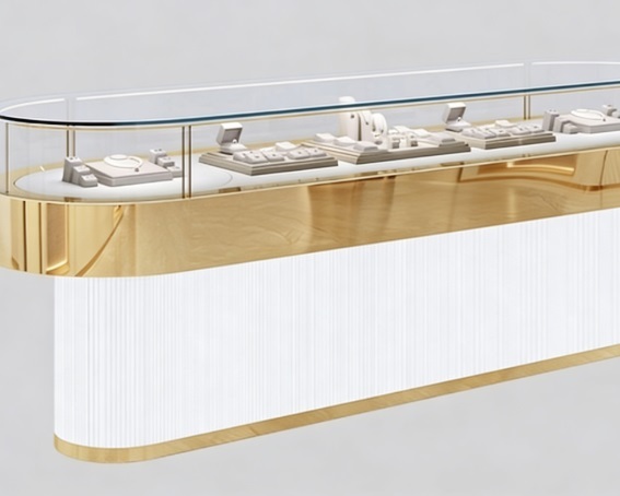 Luxury Gold Jewelry Display Case with LED Lighting Curved Glass Showcase for Ring Necklace Watch Retail Store and Shopping Mall