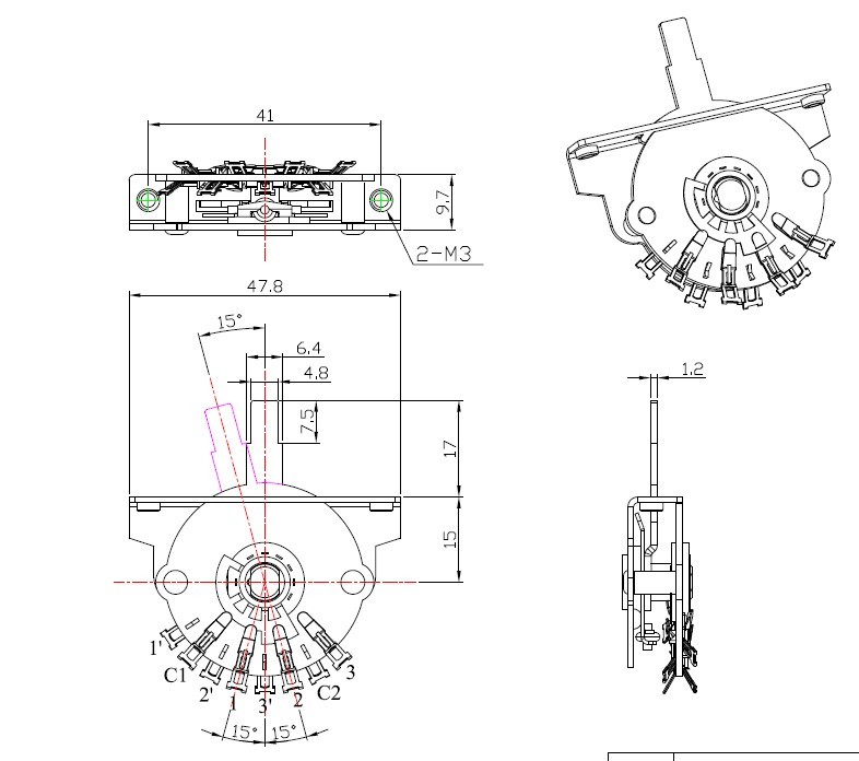 Потенциометр прибора переключателя селектора электрической гитары OEM/ODM 40Mm музыкальный