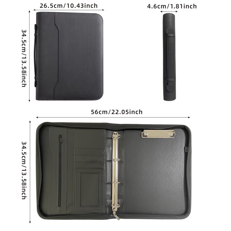 Portable Conference Zipper A4 Leather Folder A4 PU Portfolio Binder Custom