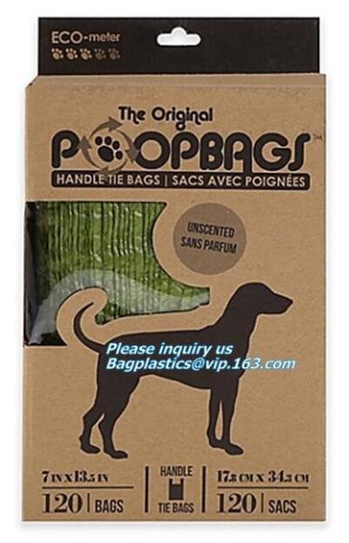 Compostable Doggie Poop Bag, Tie Top Handle Cornstarch Earth Friendly Waste Bag Holder Dispenser with LED Flashlight Eco