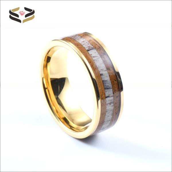 Wedding Whiskey Barrel Wood Antler Ring Inlay Gold Custom Tungsten Carbide Rings Men