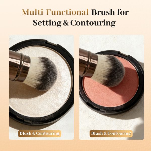 Portable Palm-Sized Makeup Brush with Tri-Color Nylon Bristles and Aluminum Metal Handle for Professional Use